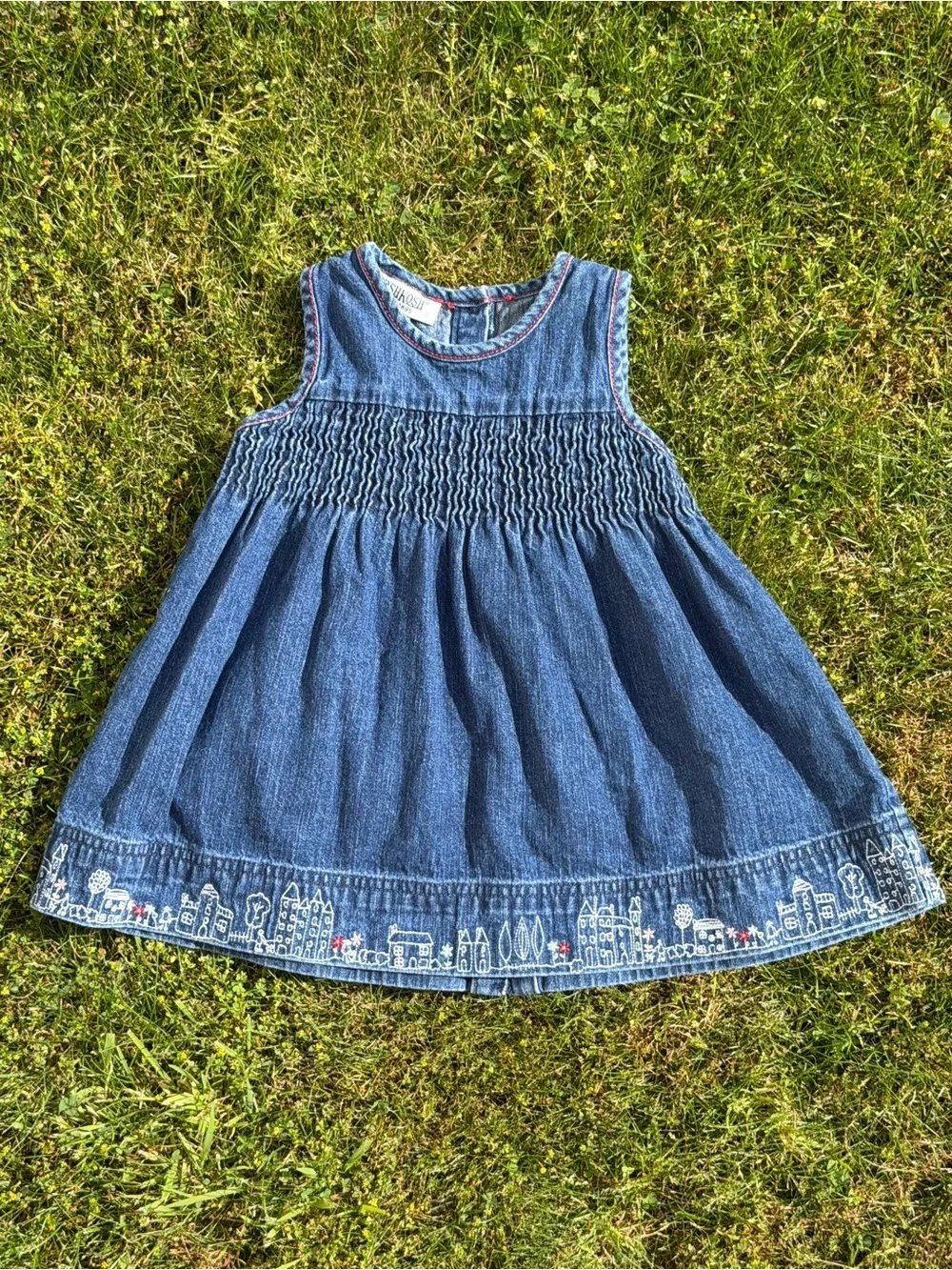 Vintage OshKosh Denim Dress 18M Smocked Embroidered City Skyline Hem 90s